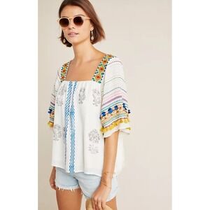 Boho Embroidered White Peasant Blouse with Colorful Trim